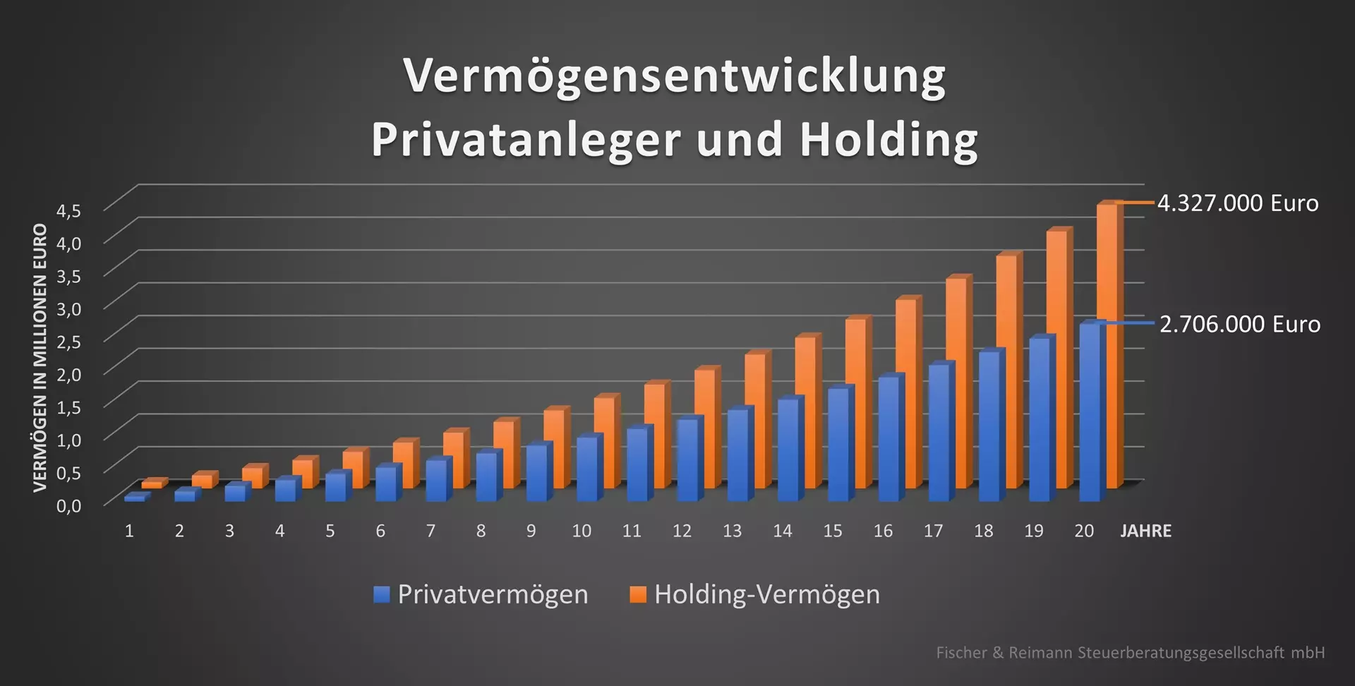 Infografik mit einem Vermögensvergleich zwischen Privatanleger und Anleger über Holding